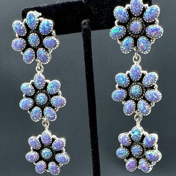 Unbranded Jewelry - Lab Created Opal Iridescent Triple Floral Multi Stone Sterling Dangle Earrings